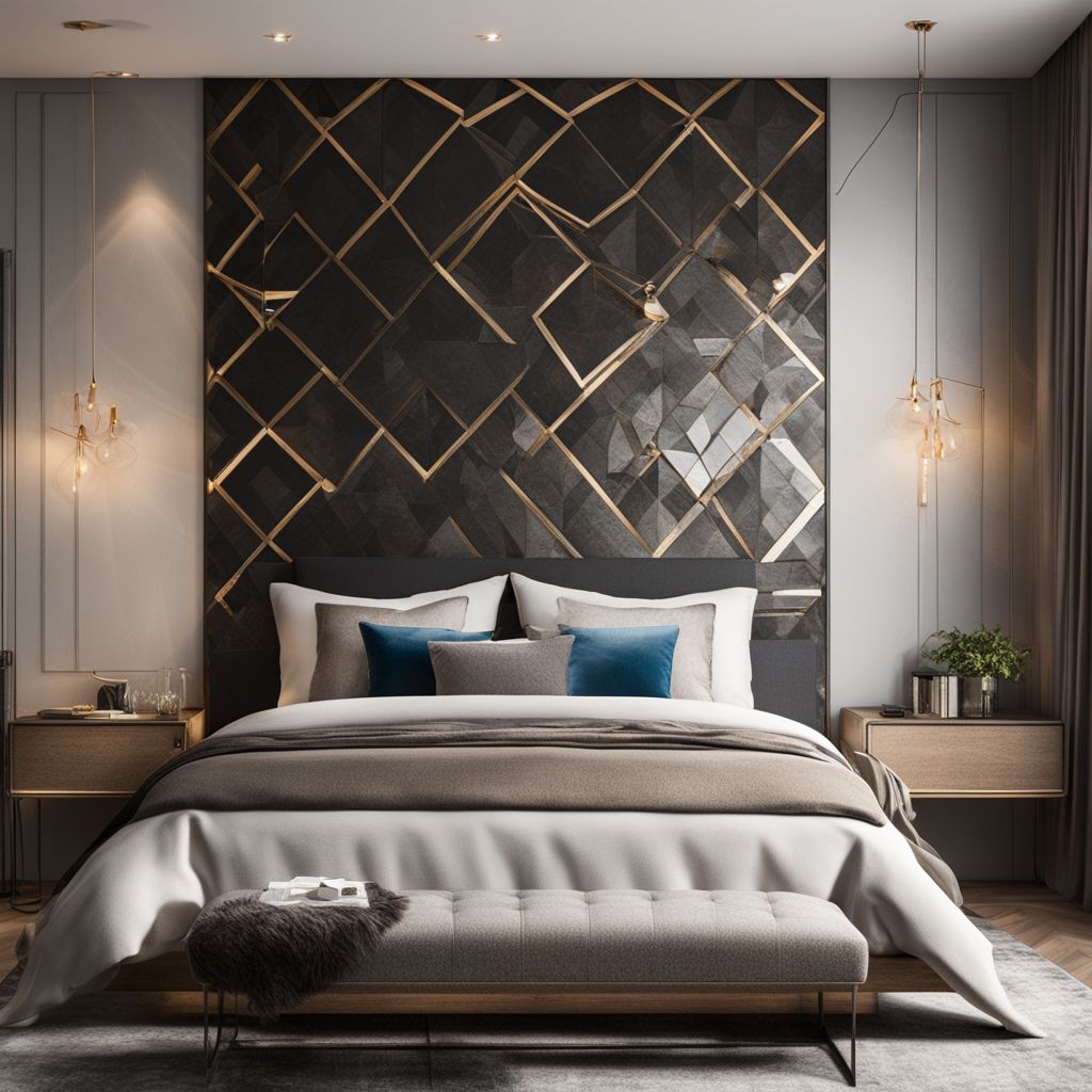 A diamond-patterned panel on a bedroom accent wall with contrasting colors.