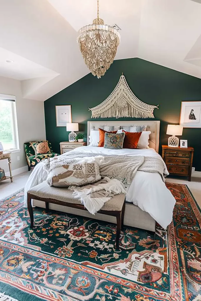 Dark Green Accent Wall in an Eclectic Bedroom Décor