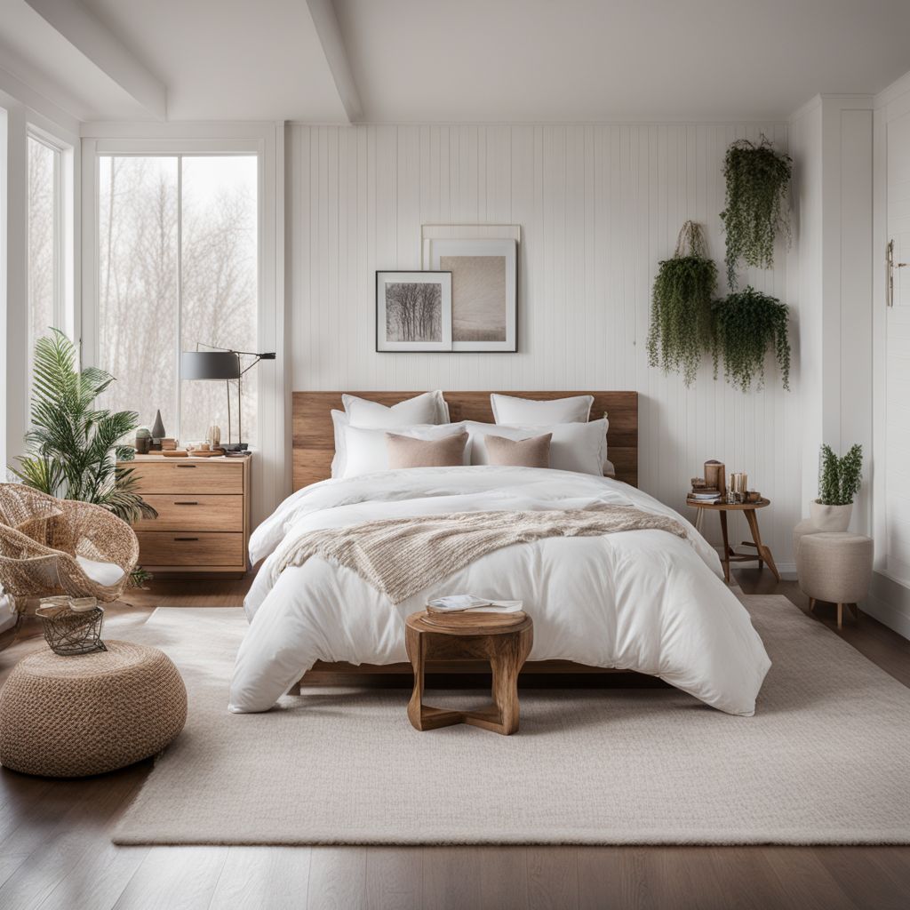A stylish bedroom with a white shiplap accent wall and minimalist decor.