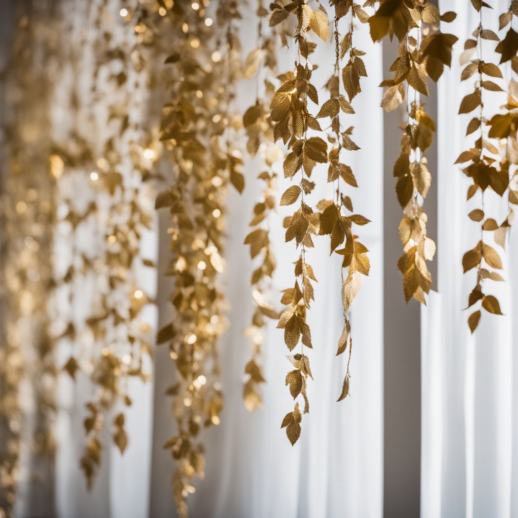 Delicate gold garlands hanging on a white bedroom wall without humans.