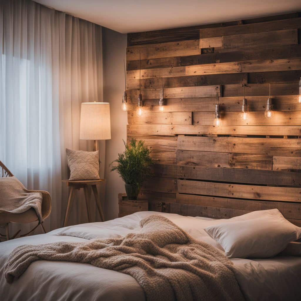 A cozy bedroom with a rustic DIY pallet wall.