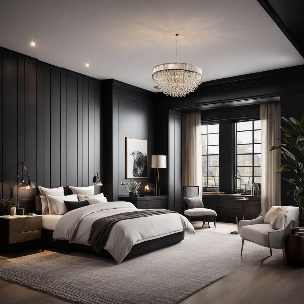 A stylish bedroom with black shiplap walls and elegant decor.
