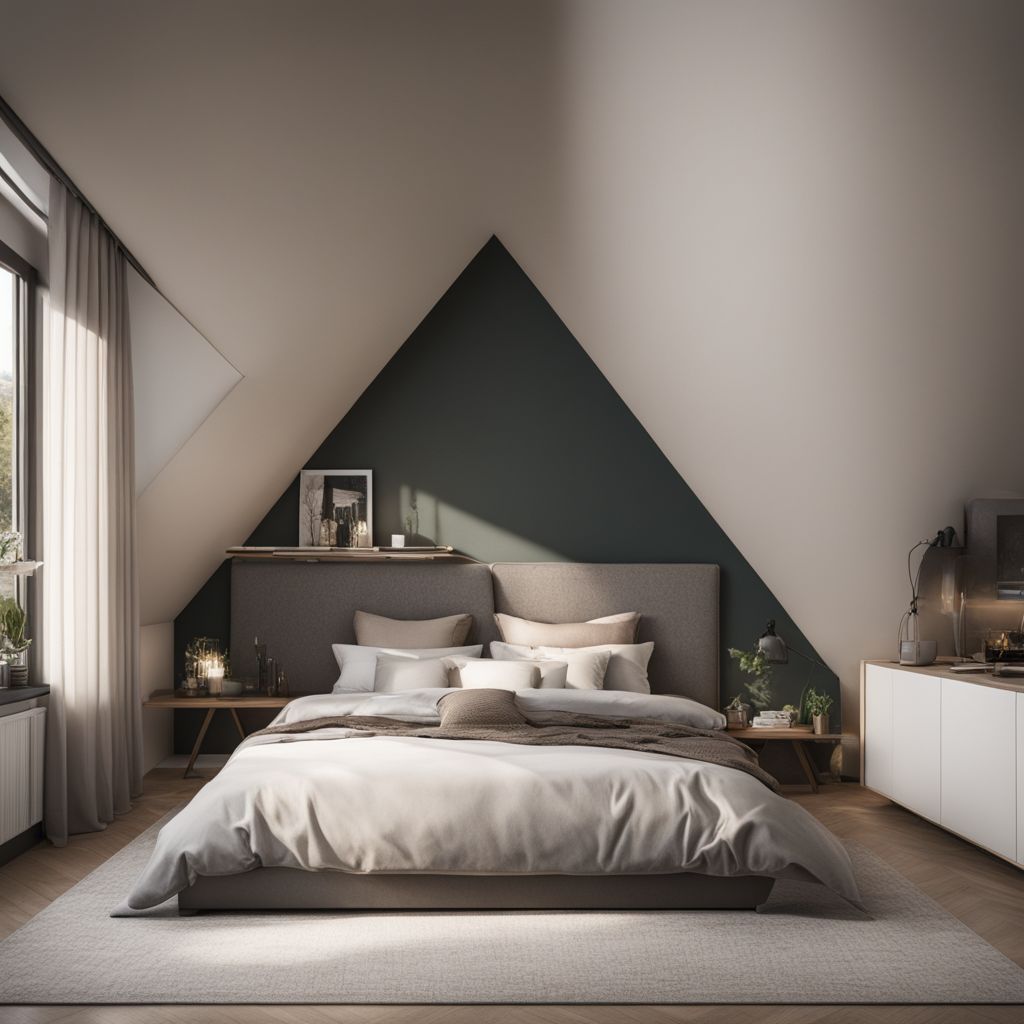 This is a bedroom with a triangular accent wall and nature photography.