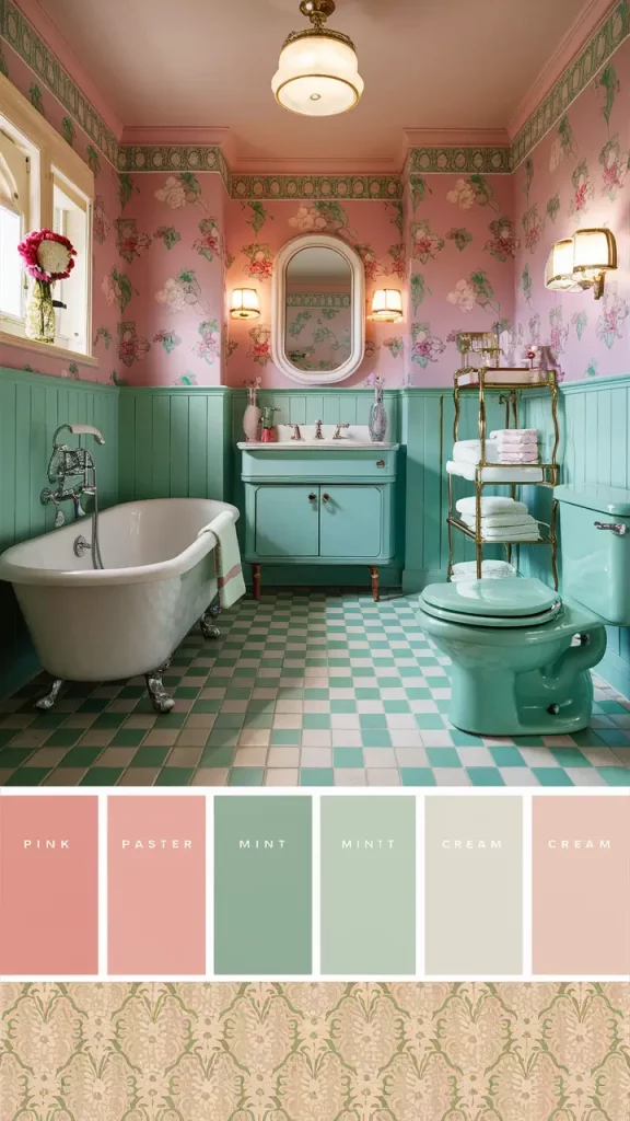 A charming bathroom with pastel pink and mint green offers a vintage-inspired bathroom color scheme.