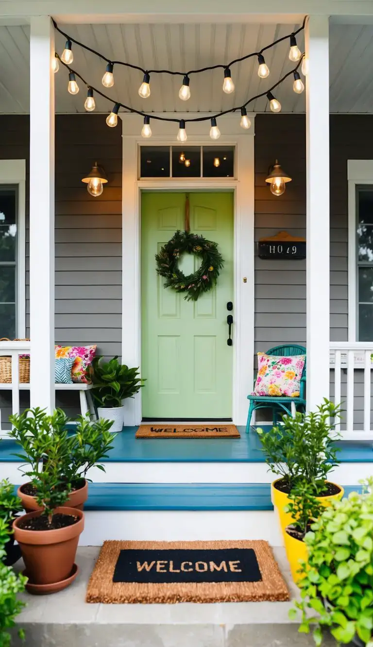 A cozy front porch with potted plants, a small bench, and string lights hanging overhead. A welcome mat and a colorful door add charm to the entrance