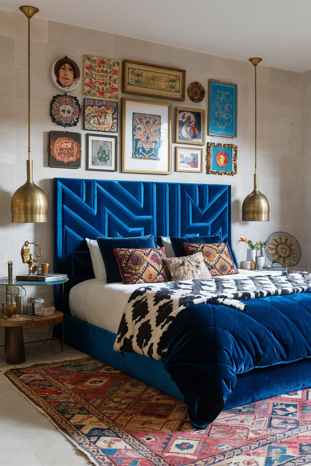 Eclectic Bedroom with Blue Headboard