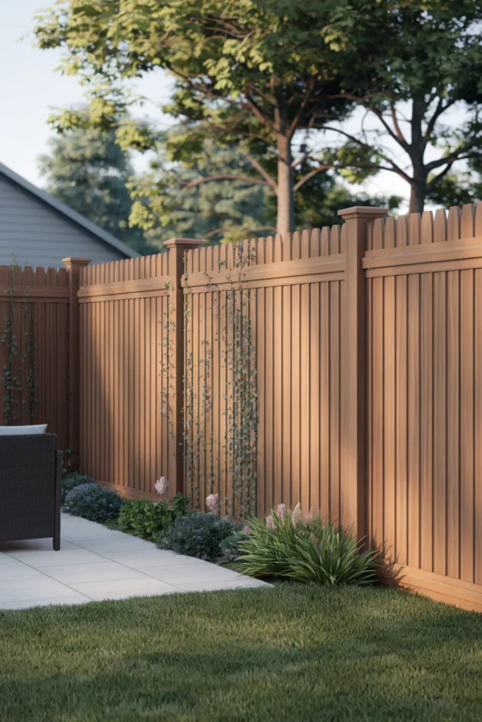 Classic wooden privacy fence designs adorned with climbing plants for a cozy backyard