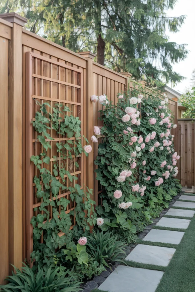 Wooden privacy fences with a trellis supporting lush climbing plants and vines