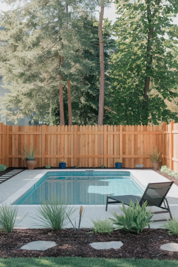 Secluded swimming pool area safely enclosed by solid privacy fence designs