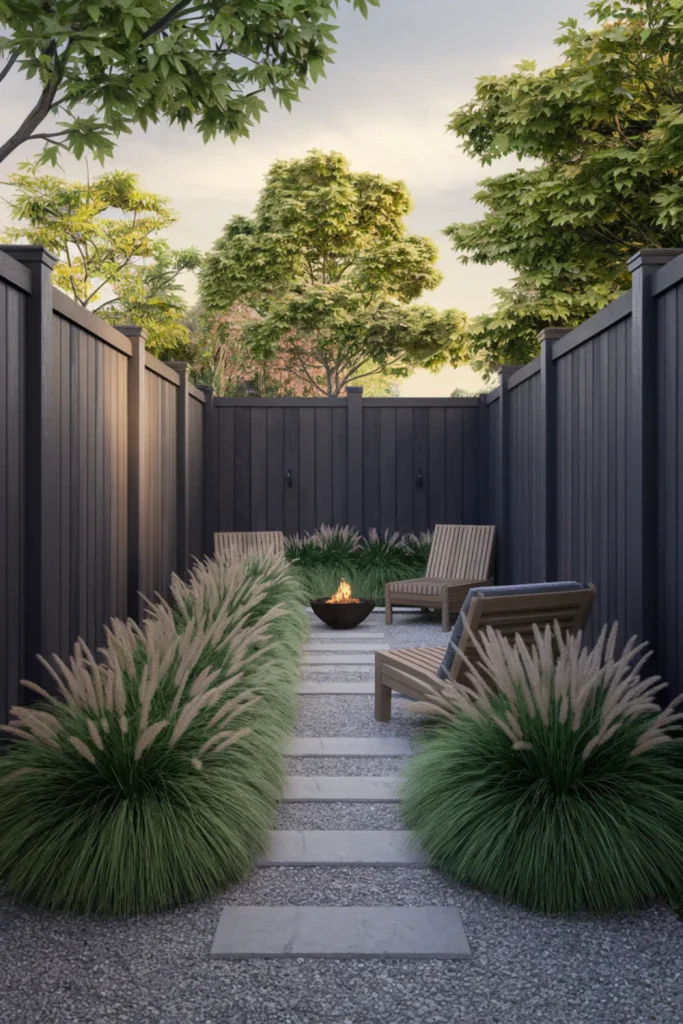 Contemporary black privacy fences serving as a chic backdrop for outdoor seating
