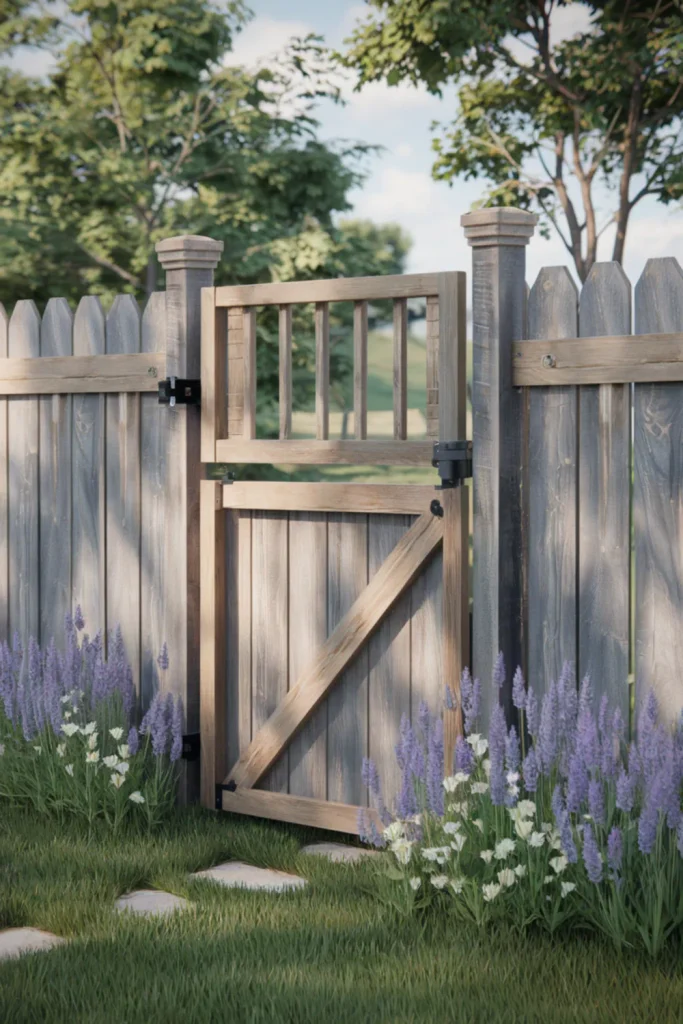 Rustic farmhouse-style privacy fence on a budget featuring a wooden door and flower accents