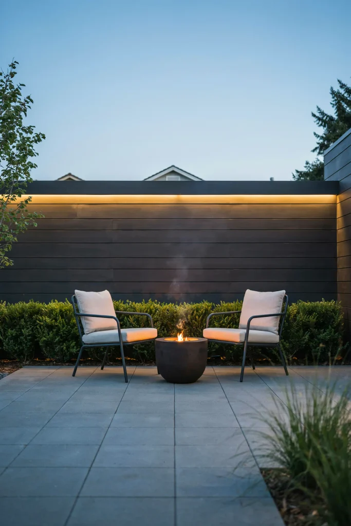 Modern privacy fence ideas featuring integrated strip lighting behind comfortable seating