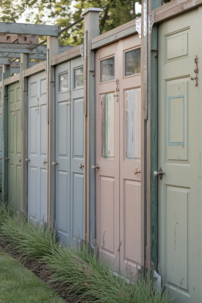 Creative privacy fence on a budget made from colorful and upcycled vintage doors