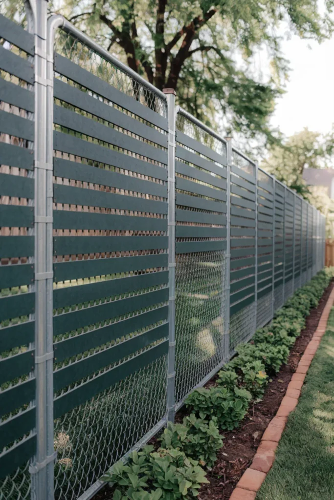 Chain link fence upgraded with privacy slats to create practical privacy fences on a budget