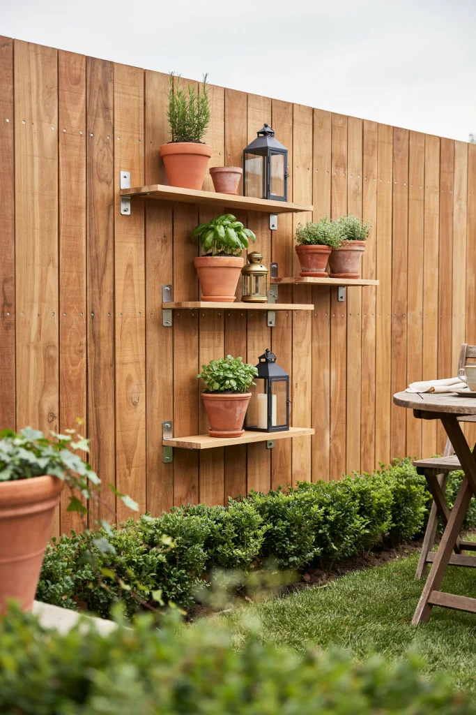 Functional privacy fence designs equipped with decorative shelves and pavers along fence line