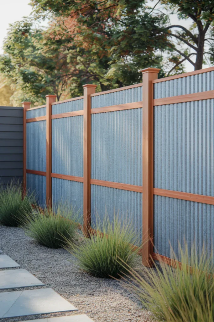 Corrugated metal outdoor privacy ideas combined with low-maintenance cacti landscaping