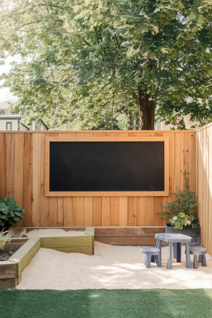 Creative privacy fence on a budget featuring an interactive outdoor chalkboard wall for kids