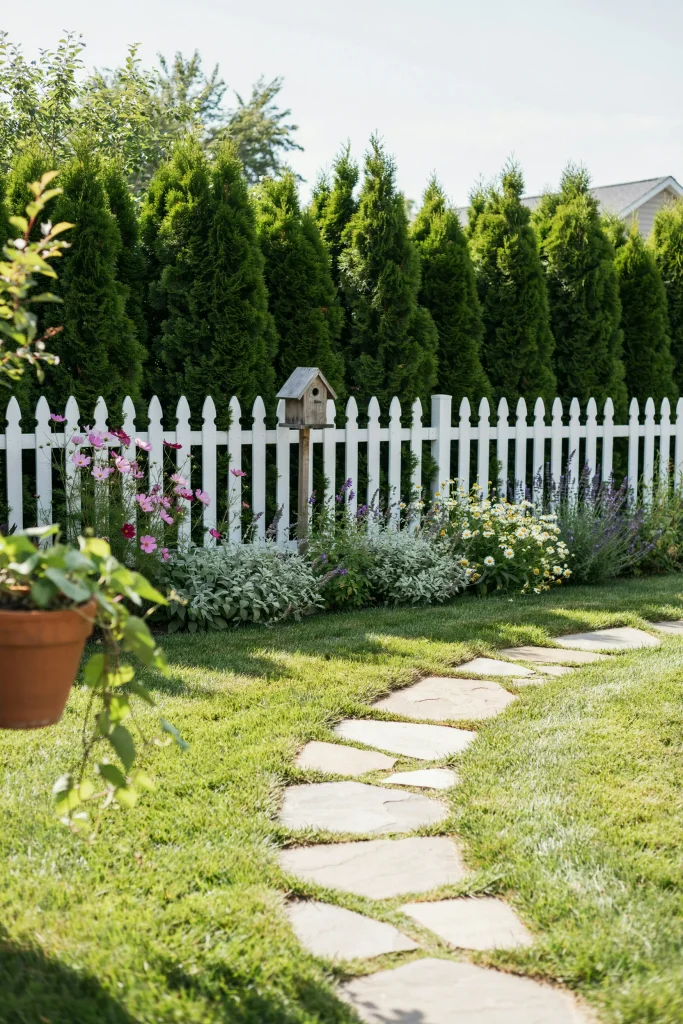 Classic white picket good neighbor fence lined with tall privacy shrubs and pavers along fence line