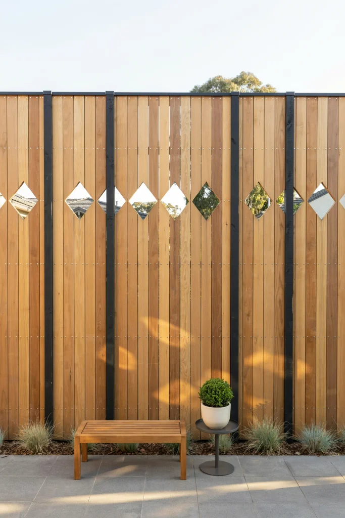 Unique privacy fence ideas showcasing geometric patterns and soft ambient lighting
