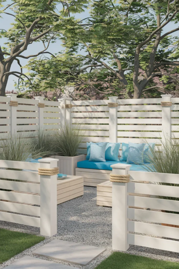 Coastal outdoor privacy ideas featuring a white fence with nautical rope accents