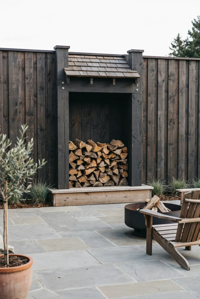 Functional privacy fence designs with integrated firewood storage for backyard fire pits