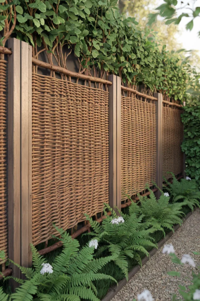 Natural woven willow panel privacy fences complementing a lush backyard garden