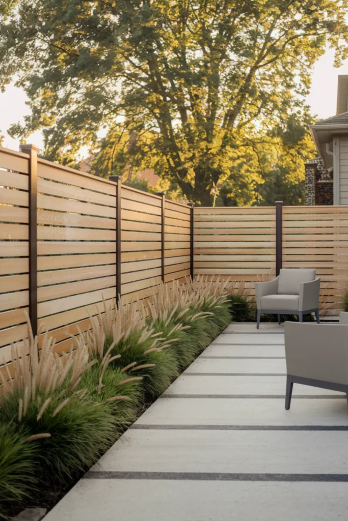 Contemporary horizontal wood privacy fences creating a sleek good neighbor fence setup