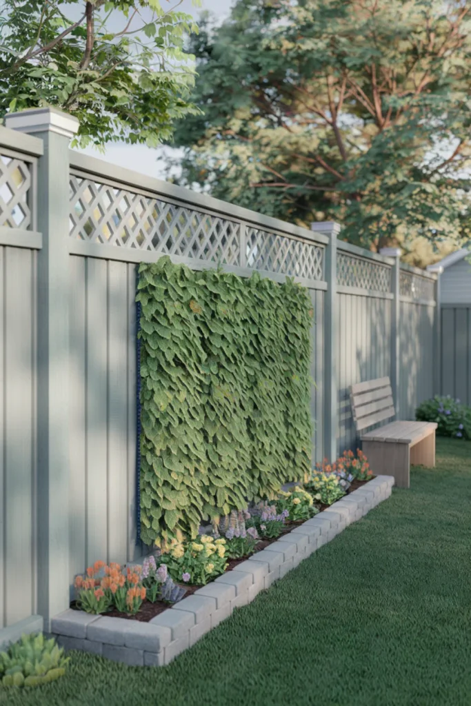 Good neighbor fence featuring a decorative lattice top and blooming garden flowers
