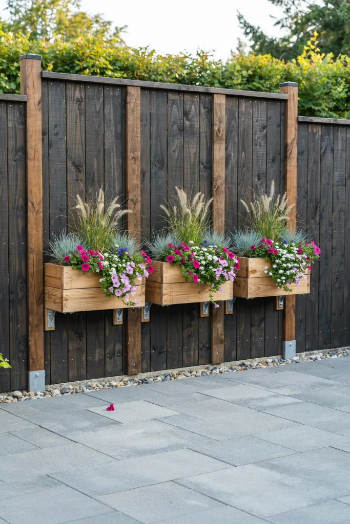 Black privacy fence designs featuring built-in planter boxes filled with vibrant greenery