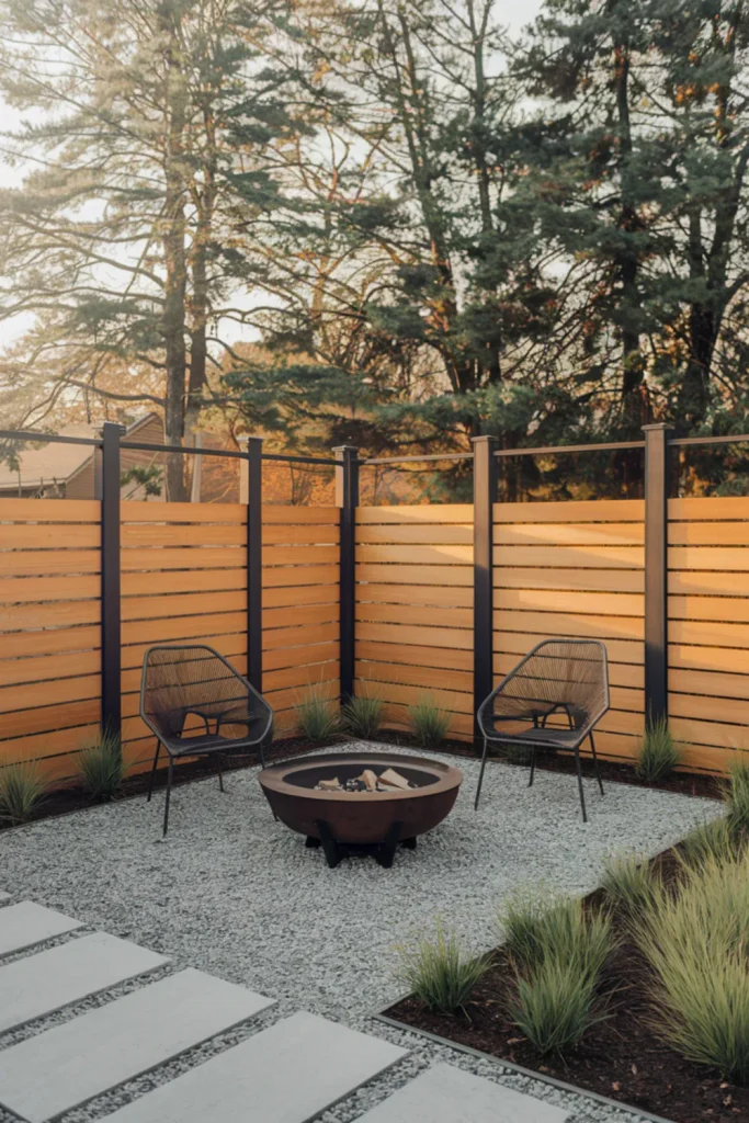 Mixed metal and wood privacy fence ideas serving as a sturdy modern outdoor barrier
