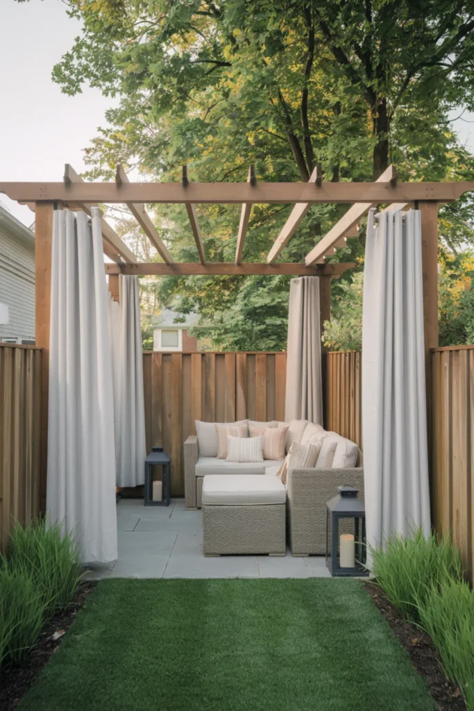 Elegant outdoor privacy ideas featuring a wooden fence paired with hanging white curtains