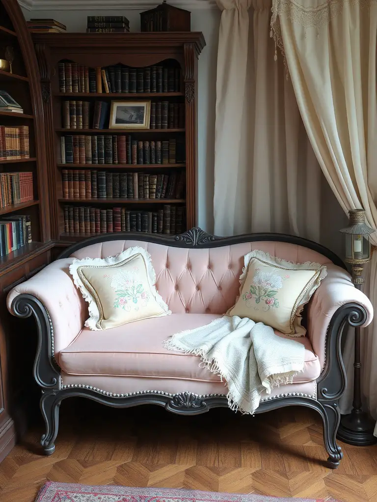 A Victorian-style daybed in a cozy reading nook with pink upholstery, decorative pillows, and a wooden bookshelf in the background.