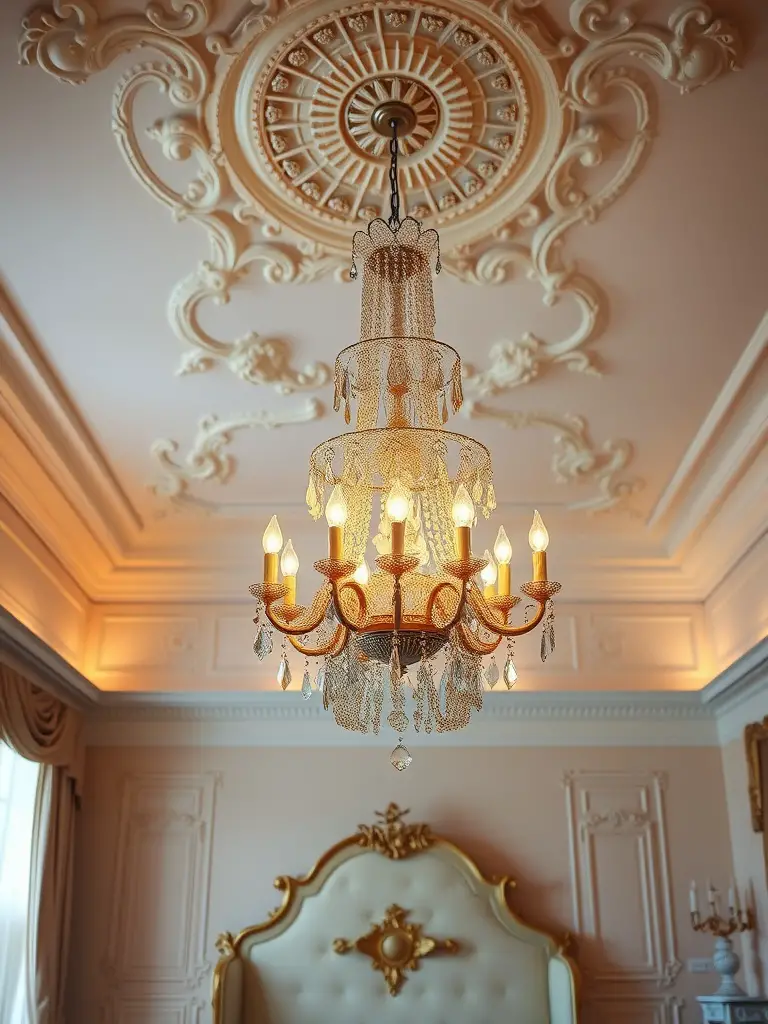 An elegant antique crystal chandelier hanging from the ceiling, illuminating a vintage-style bedroom.