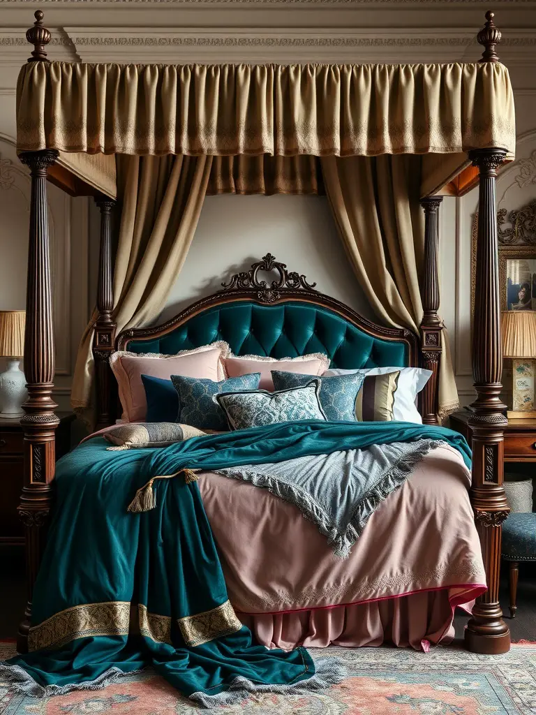 A luxurious bedroom featuring a plush velvet canopy bed with rich colors and decorative pillows, evoking a vintage princess aesthetic.