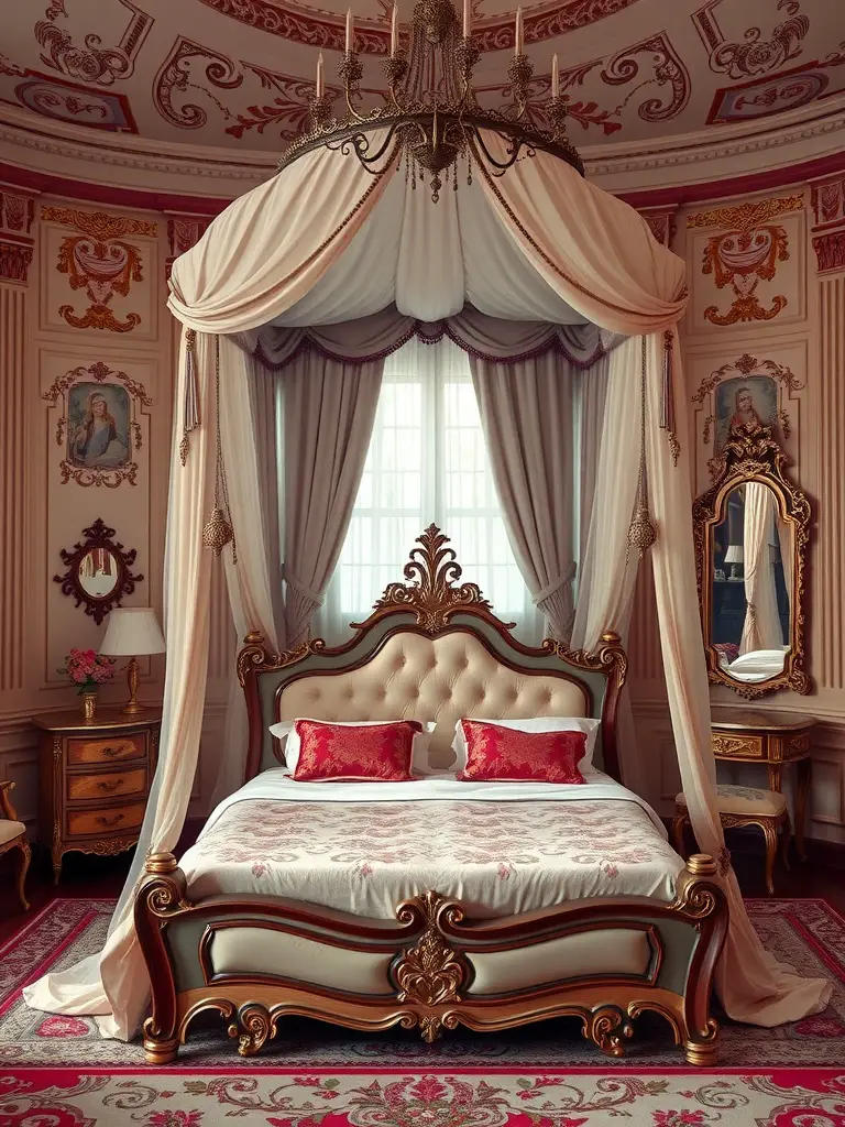 A beautifully designed castle-inspired bedroom featuring a grand canopy bed, ornate furnishings, and elegant decor