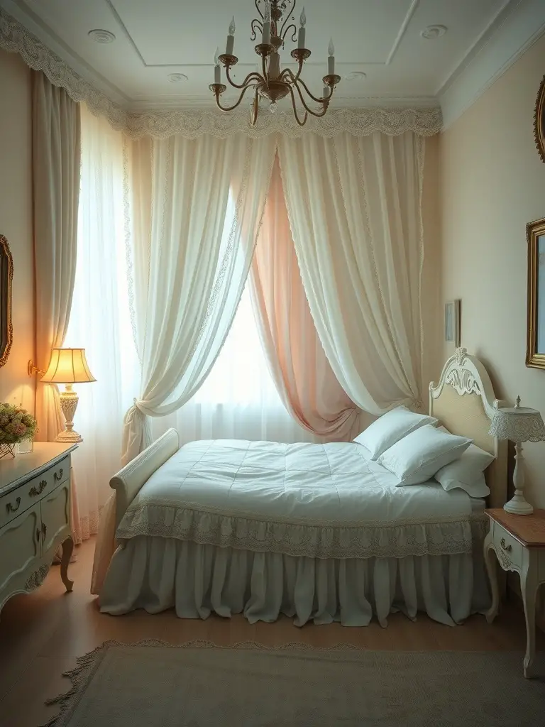 A vintage bedroom with ruffled curtains and lace accents, featuring a cozy bed and elegant decor.