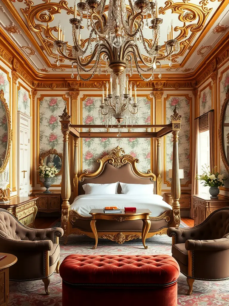 A luxurious bedroom inspired by Versailles, featuring ornate details, a four-poster bed, and a sparkling chandelier.