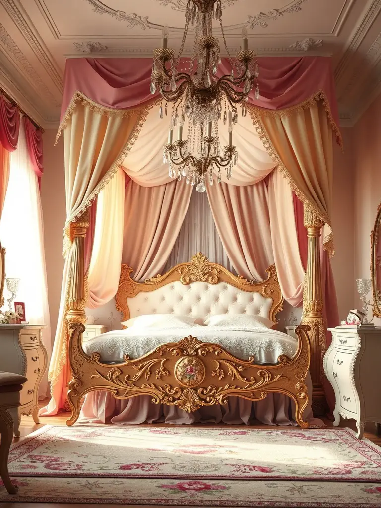 A vintage canopy bed with draped curtains in a softly lit bedroom, featuring a luxurious golden frame and elegant bedding.