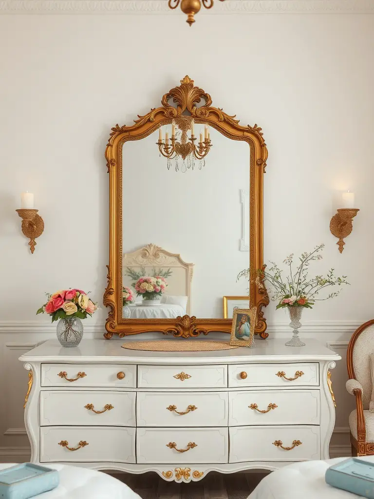 Elegant antique gold mirror above a white dresser in a vintage princess aesthetic bedroom.