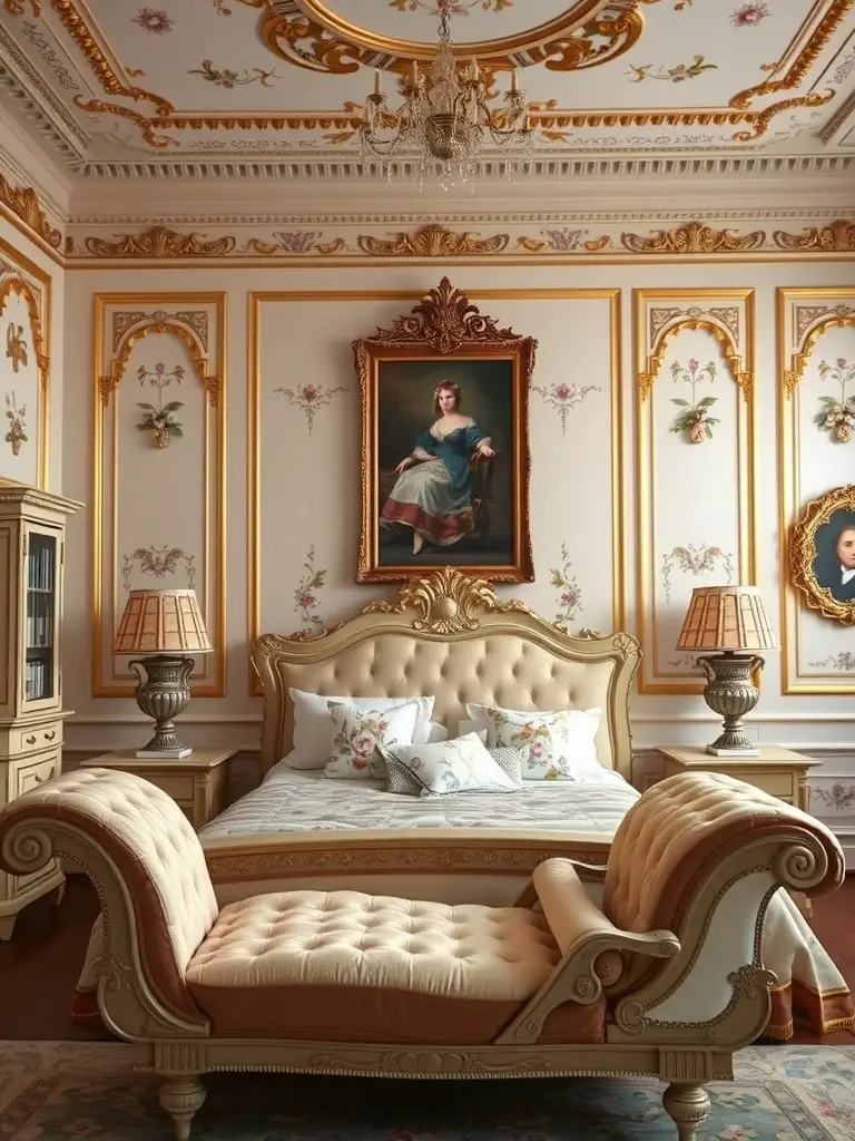 A vintage bedroom featuring Rococo-style wall moldings and artwork, with an ornate chandelier and elegant furniture.