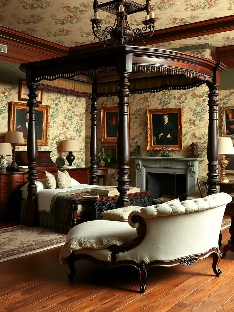 Cozy English Manor bedroom featuring a four-poster bed, floral wallpaper, and elegant furnishings.
