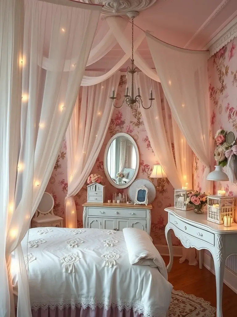 A vintage princess aesthetic bedroom with a canopied bed, soft lighting, and floral wallpaper