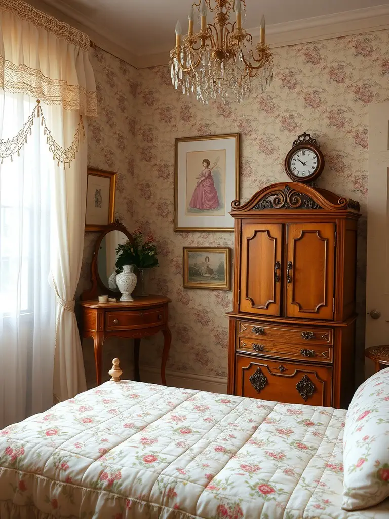 Cozy vintage bedroom with floral bedding, wooden furniture, and a chandelier