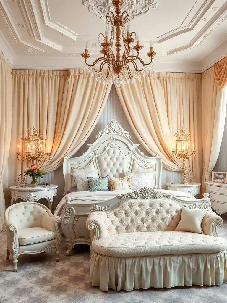 A vintage princess aesthetic bedroom featuring an ornate white bed, soft curtains, and elegant decor.