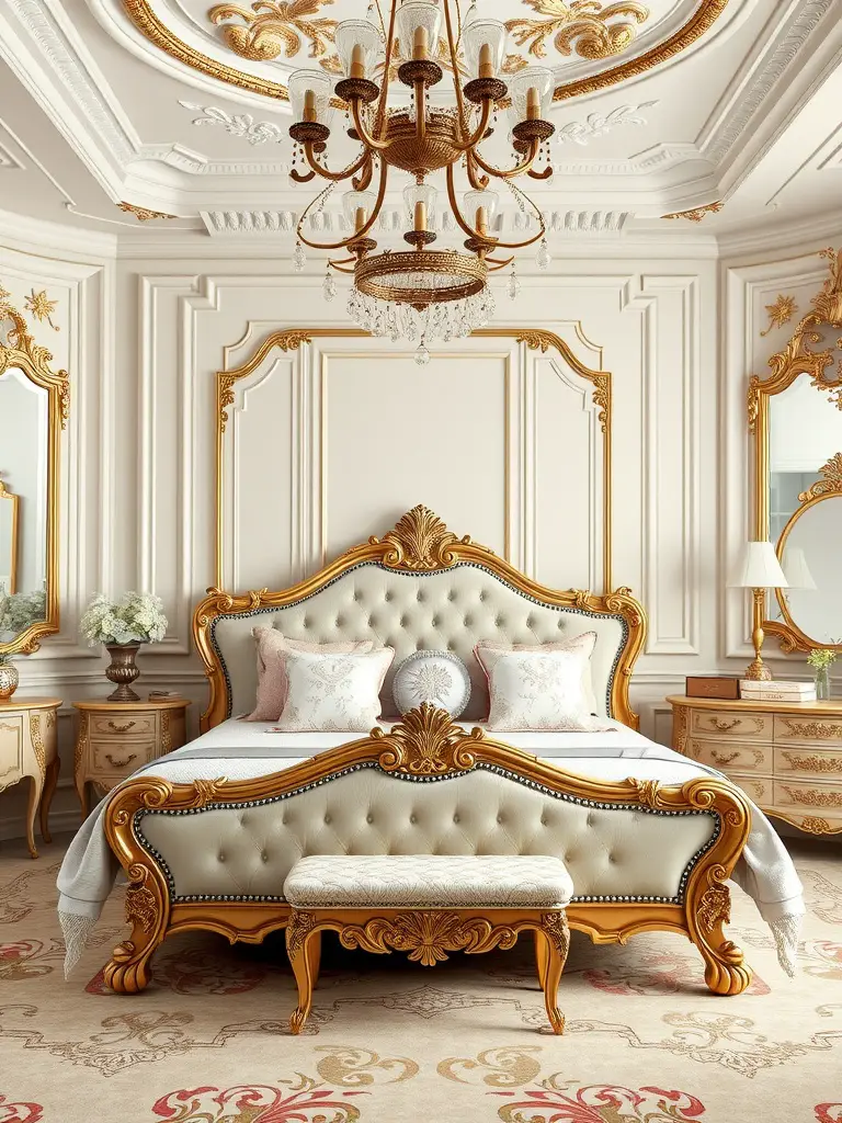 A luxurious French royal bedroom with a plush bed, gilded accents, and a stunning chandelier.