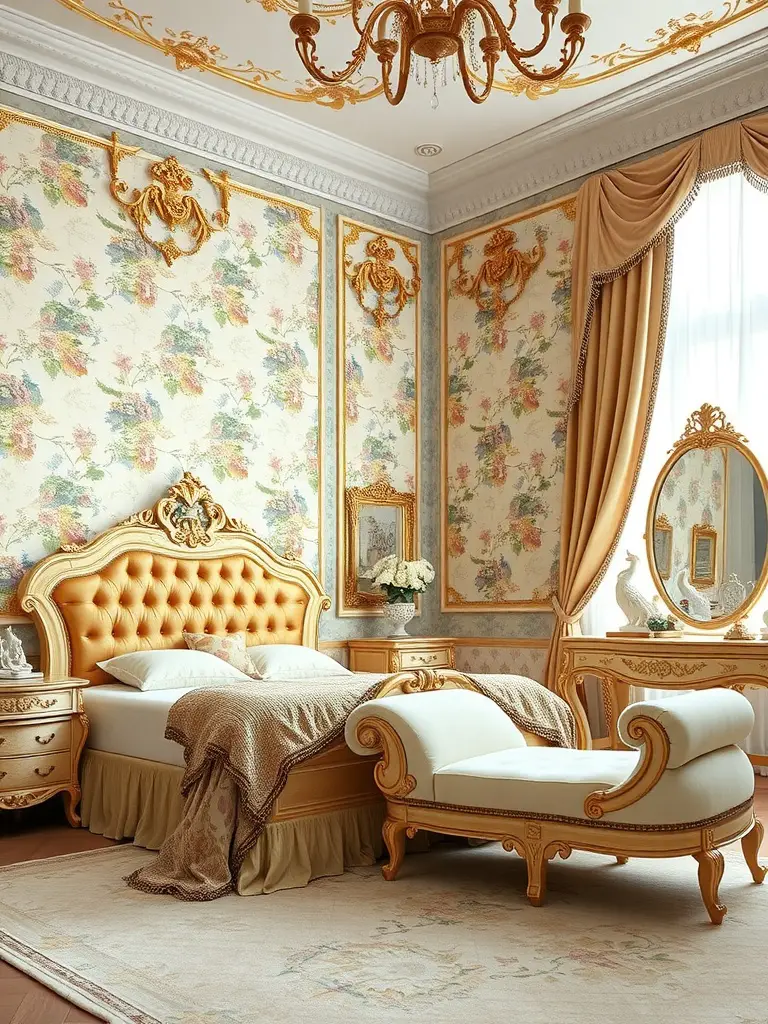Rococo-inspired princess bedroom with floral wallpaper, golden accents, and elegant furniture