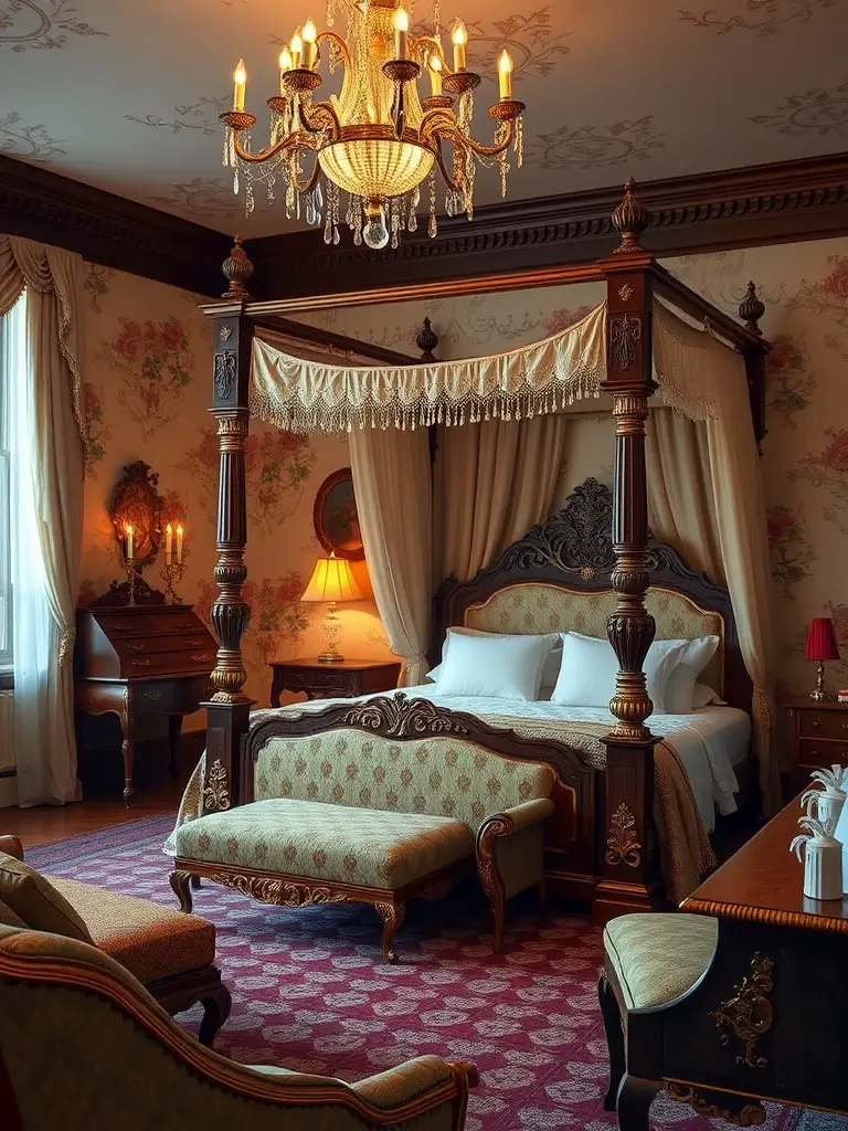 A vintage bedroom inspired by Bridgerton with a four-poster bed, chandelier, and elegant decor.