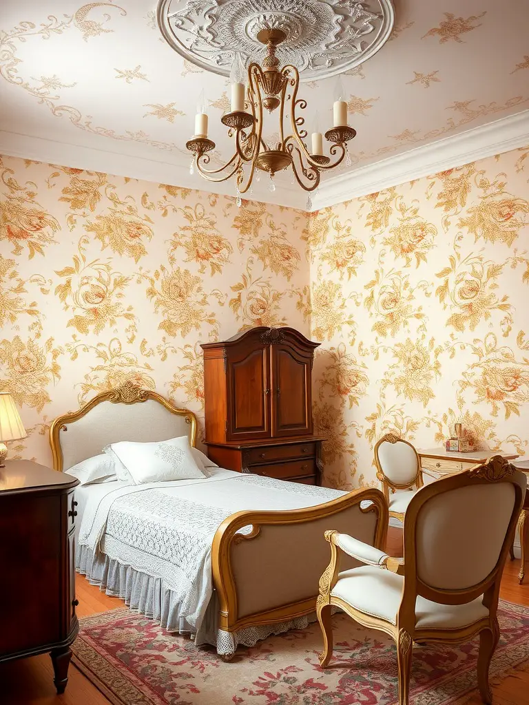 A vintage bedroom featuring romantic floral wallpaper with gold details, a classic chandelier, and elegant furniture.