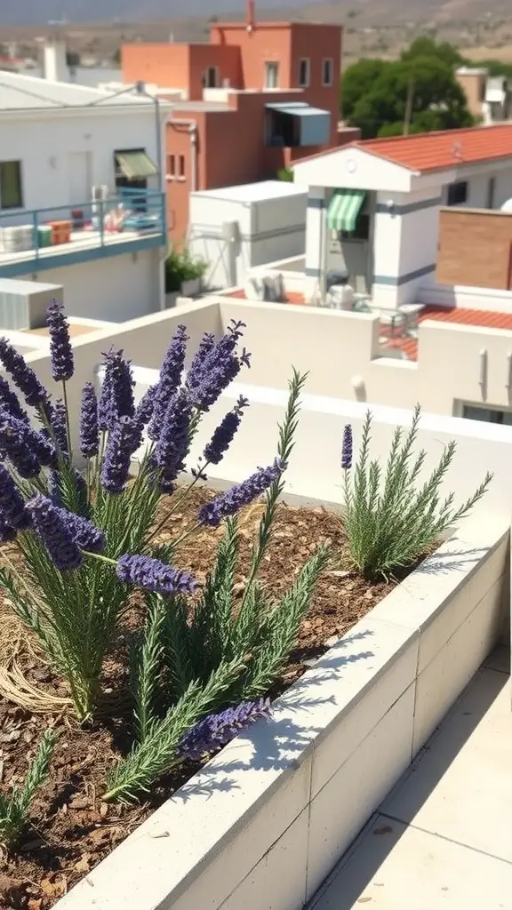 Lavender plants growing in a planter with houses in the background.