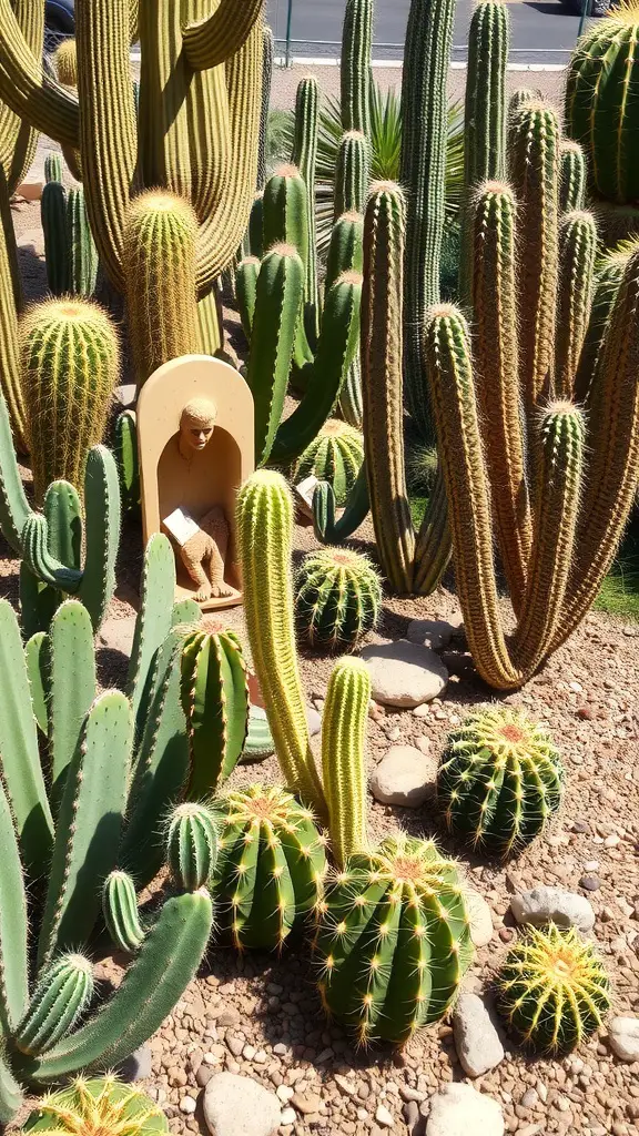 A variety of cacti in a drought-tolerant garden setting, showcasing different shapes and textures.